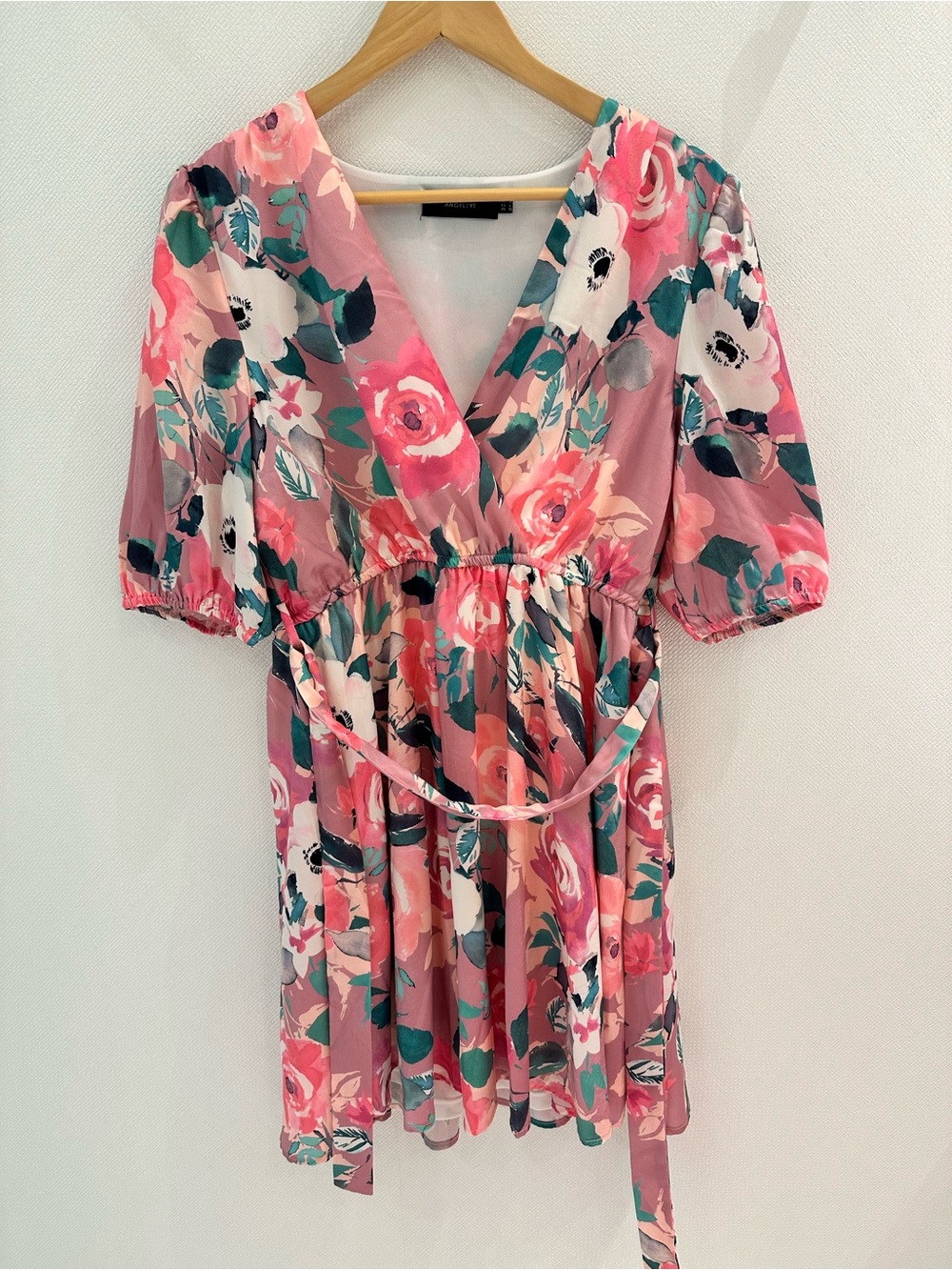 Pink Floral Wrap Midi Dress with Self-Tie Belt